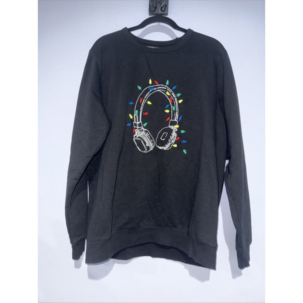 French Connection Mens Black Headphones Christmas Lights Sweatshirt XL